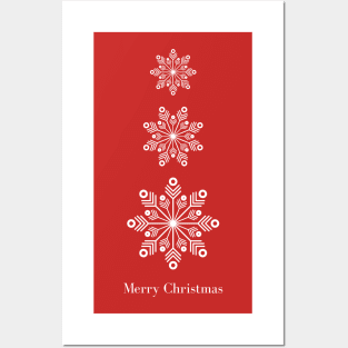 3 Snow Flakes on red background Posters and Art